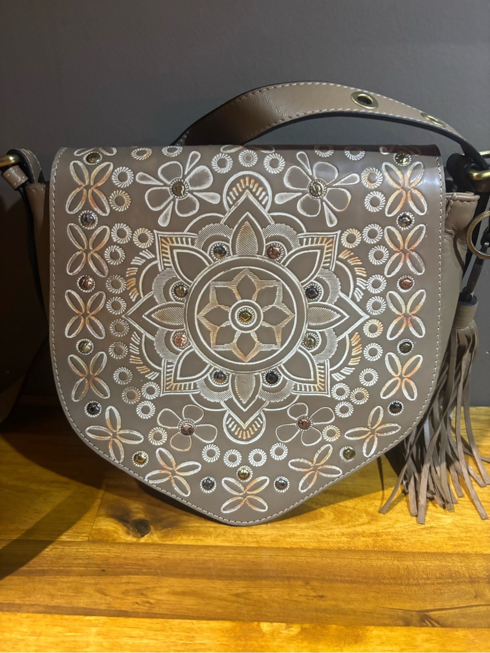 Firenze Bella Leather Crossbody Bag Taupe Floral Embroidered